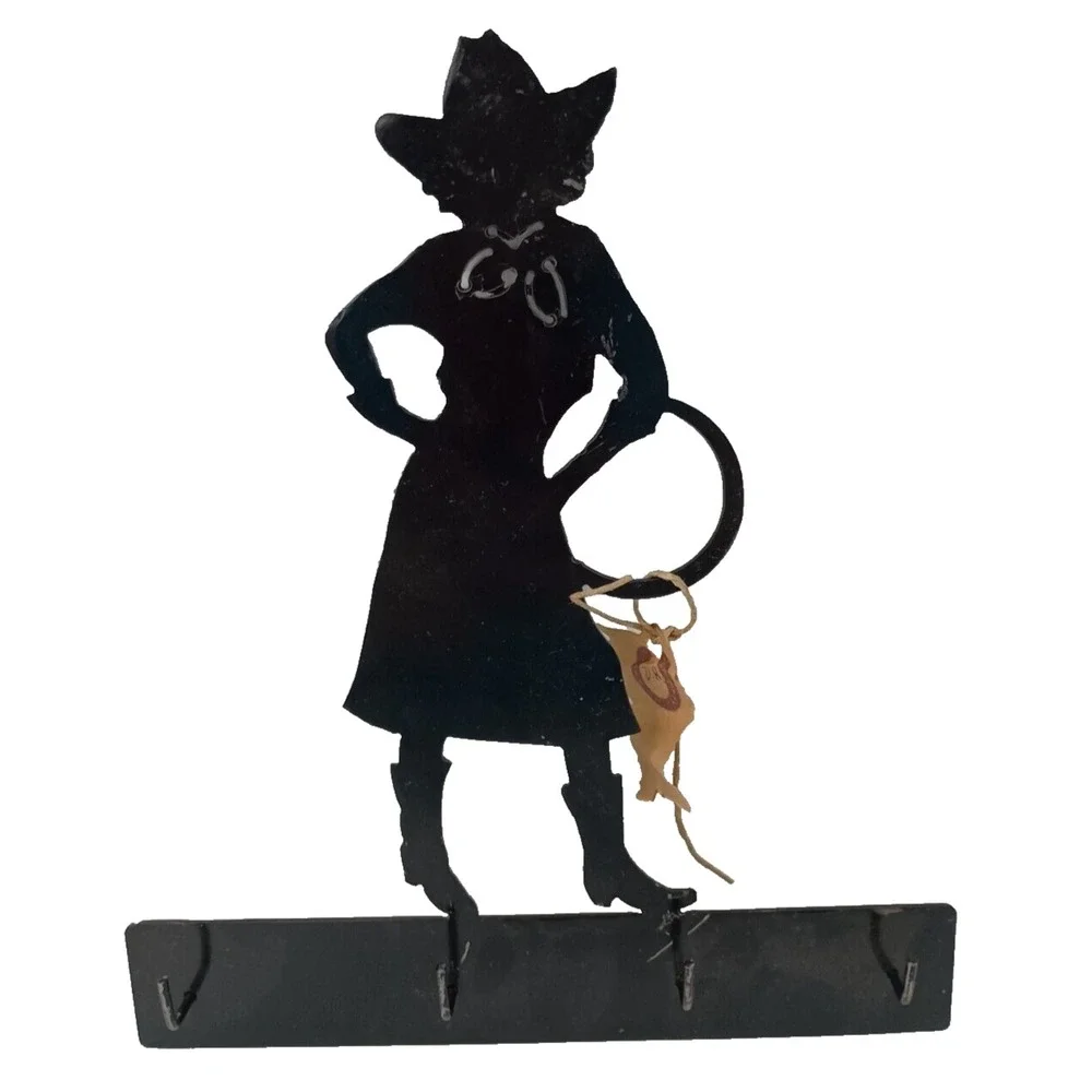 Vintage Metal Cow Girl Wall Hanging Key Holder Rack Organizer Four Hook Western